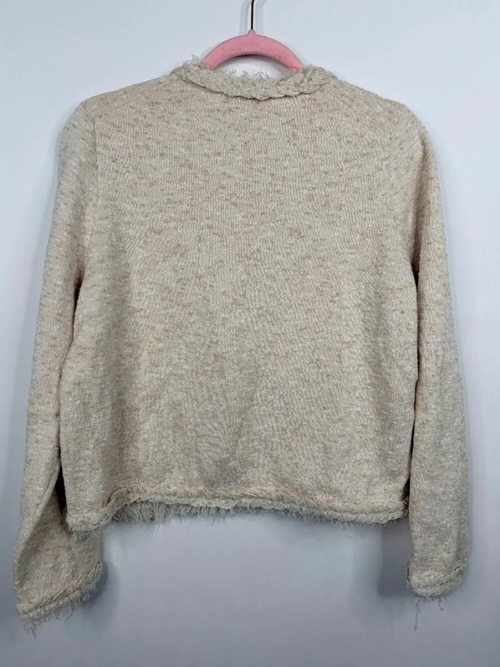 J. Crew Marled Fringe-Trim Sweater Lady Jacket Heather Sand Large #A3784